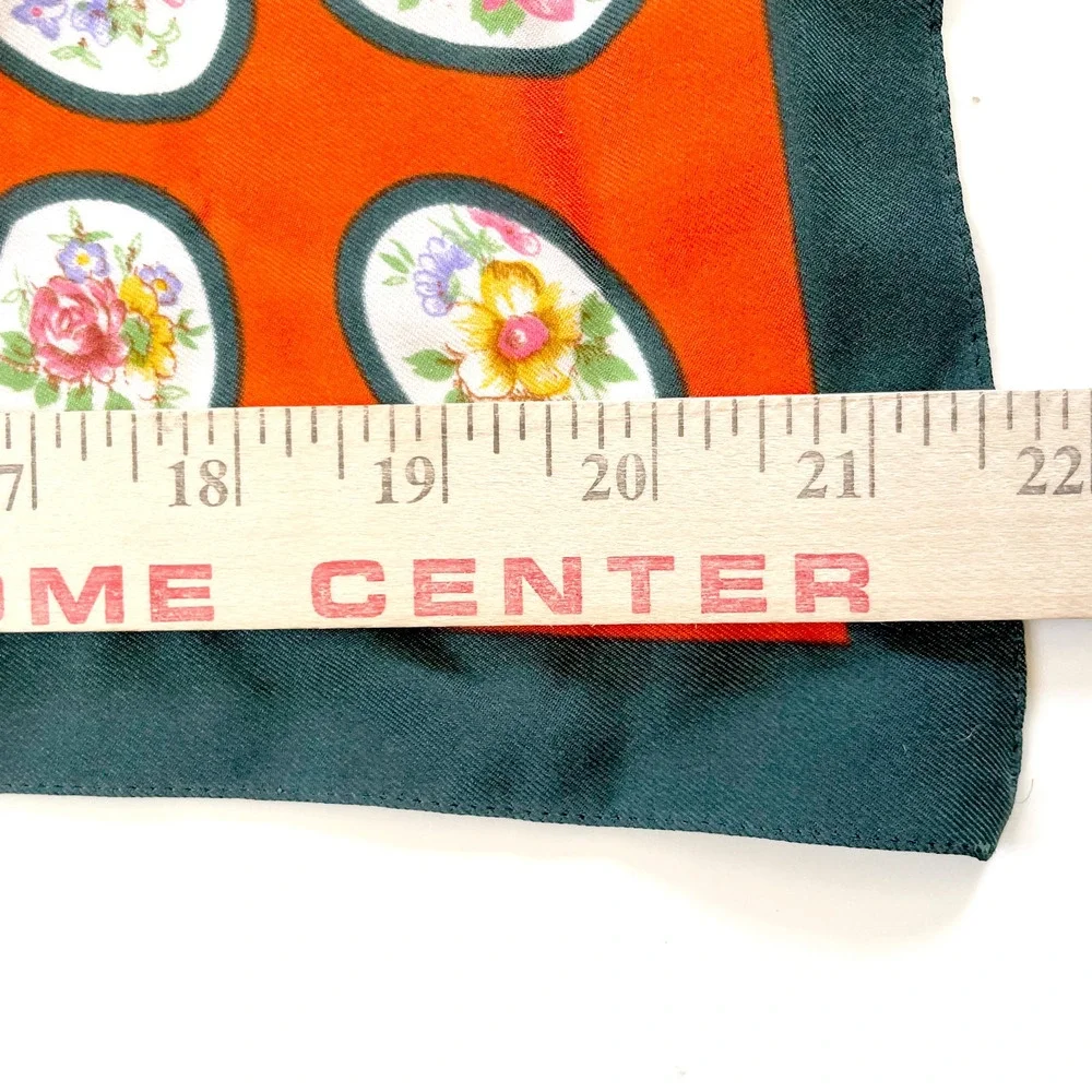Vintage Square Scarf Orange Green Retro Cameo Floral Medallion Print Old Money